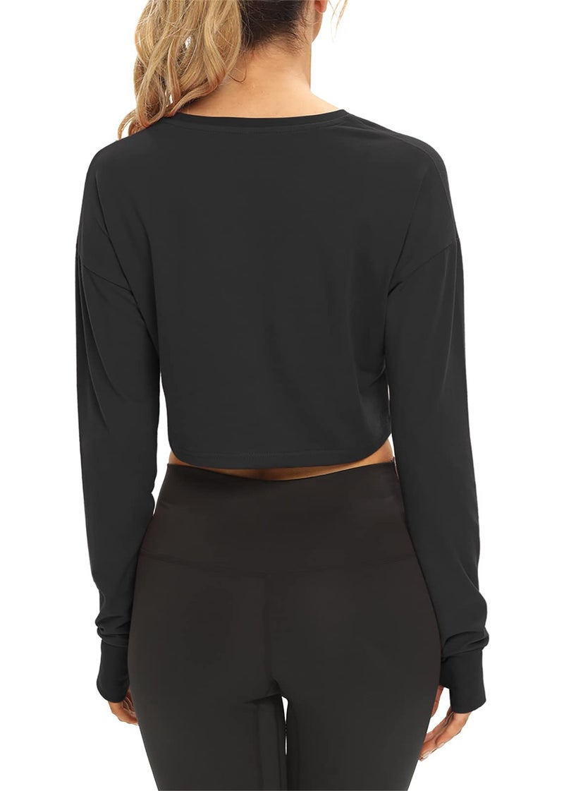 Mippo Long Sleeve Crop Top Workout Shirts Athletic Gym Active Wear Loose Cropped Sweaters Oversized Tshirts Black S - Image 2